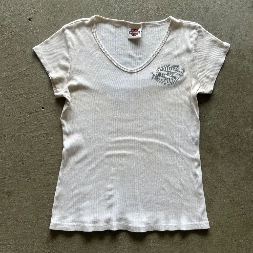 Vintage Harley Davidson Shirt Womens Medium White Y2K Bedazzled Sandy Fremont MI